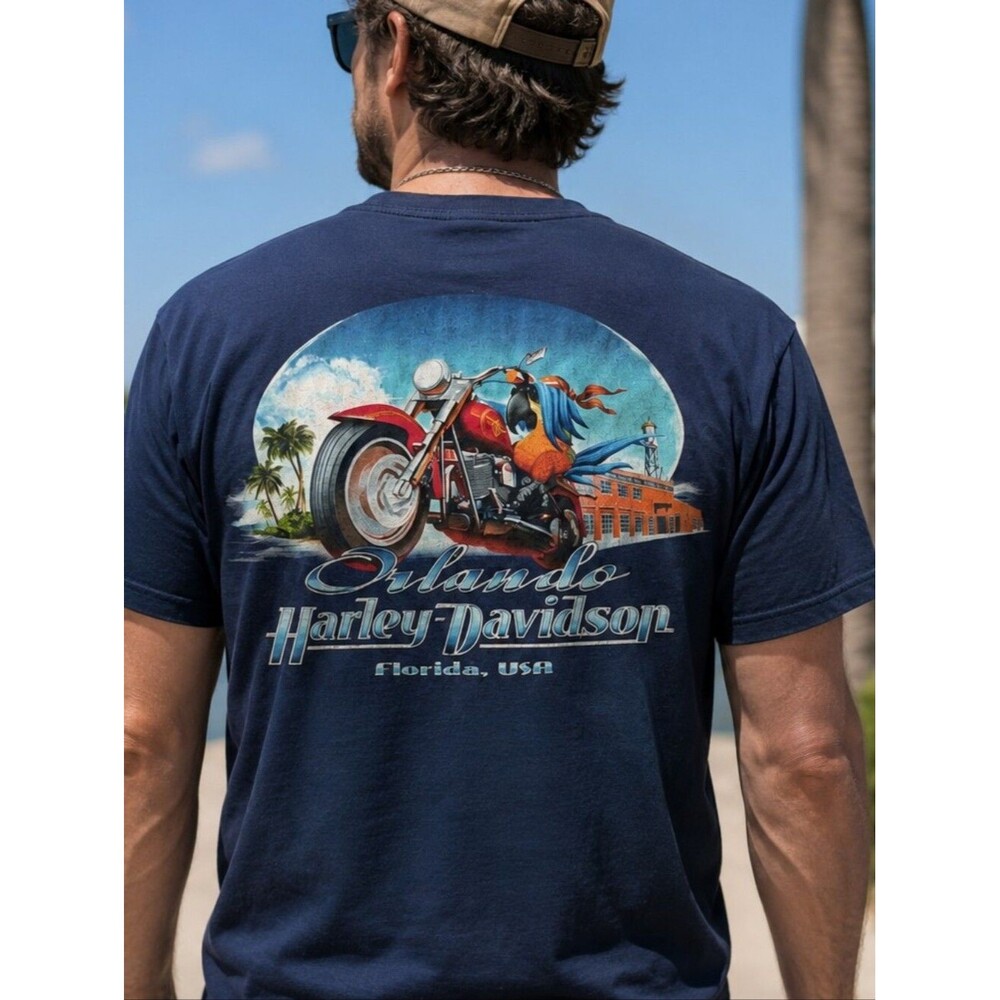 Vtg Y2K Harley Davidson Tee M Orlando Florida Parrot Graphic Rolled Hem